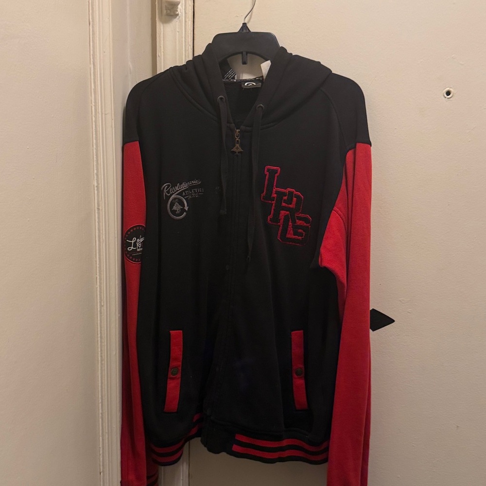 Men’s LRG hoodie size large black and red worn.